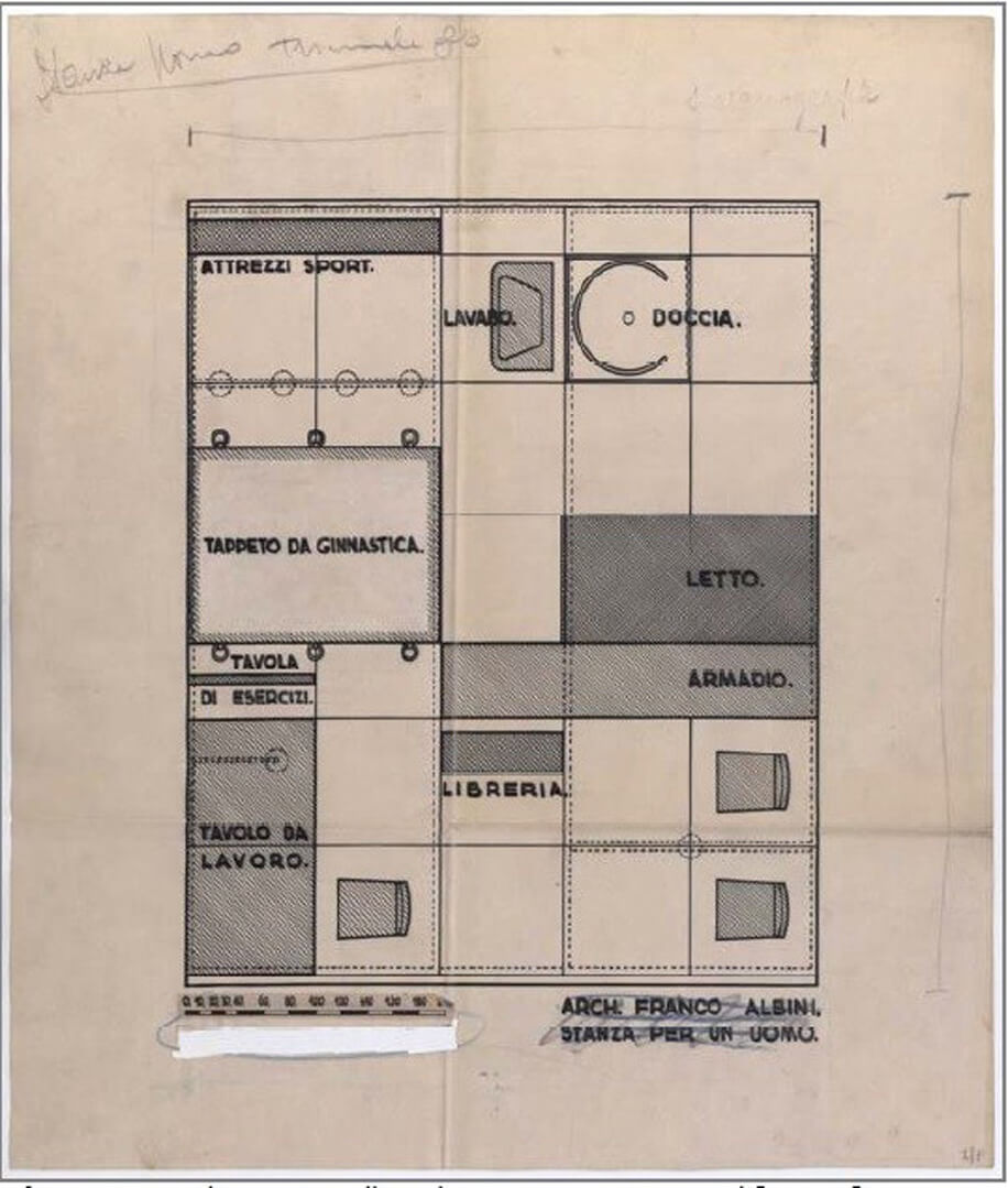 Pianta con la distribuzione della Stanza per un uomo, Franco Albini, 1936.